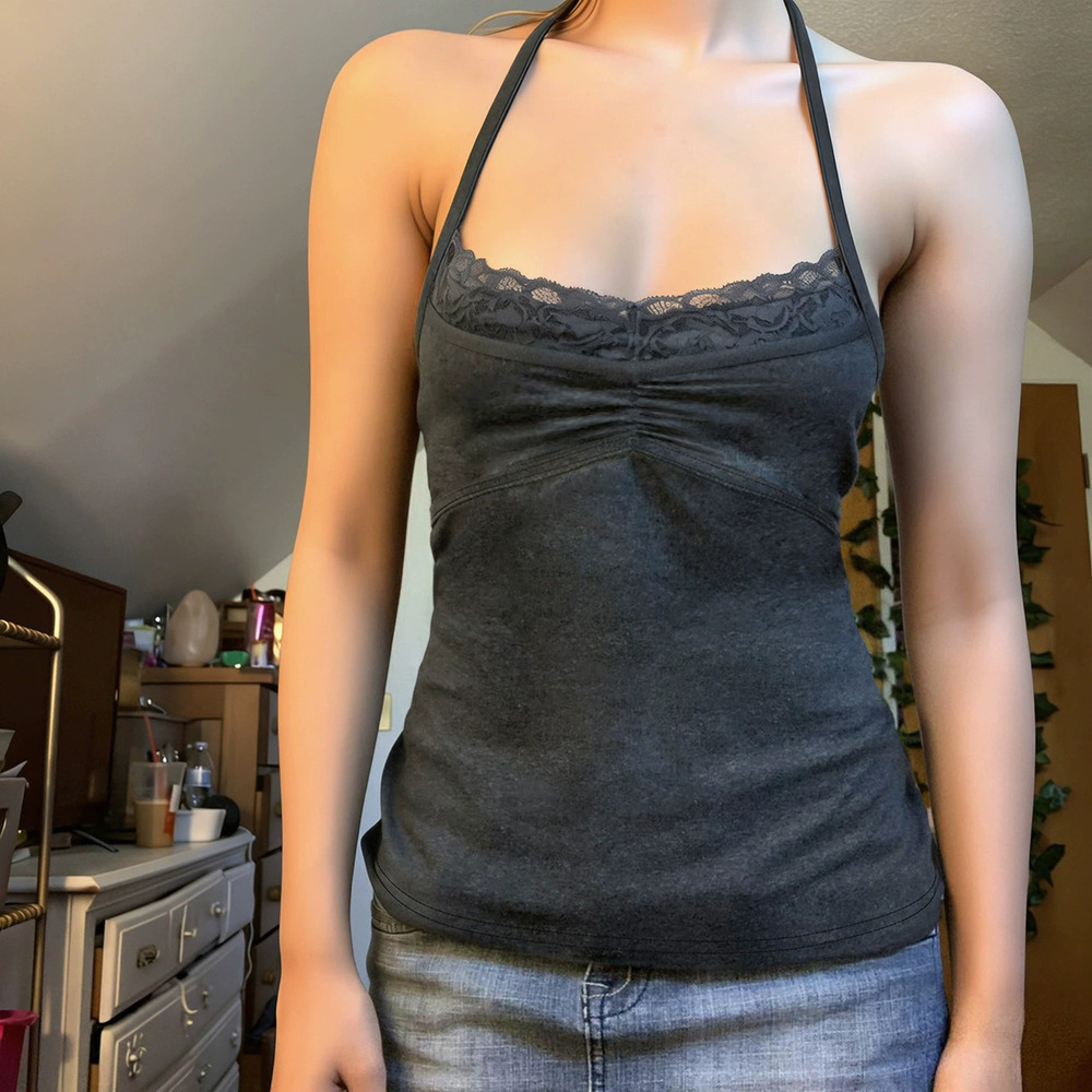 Zara New Lace Patchwork Halter Tie Backless Camisole Street Style Tank Top